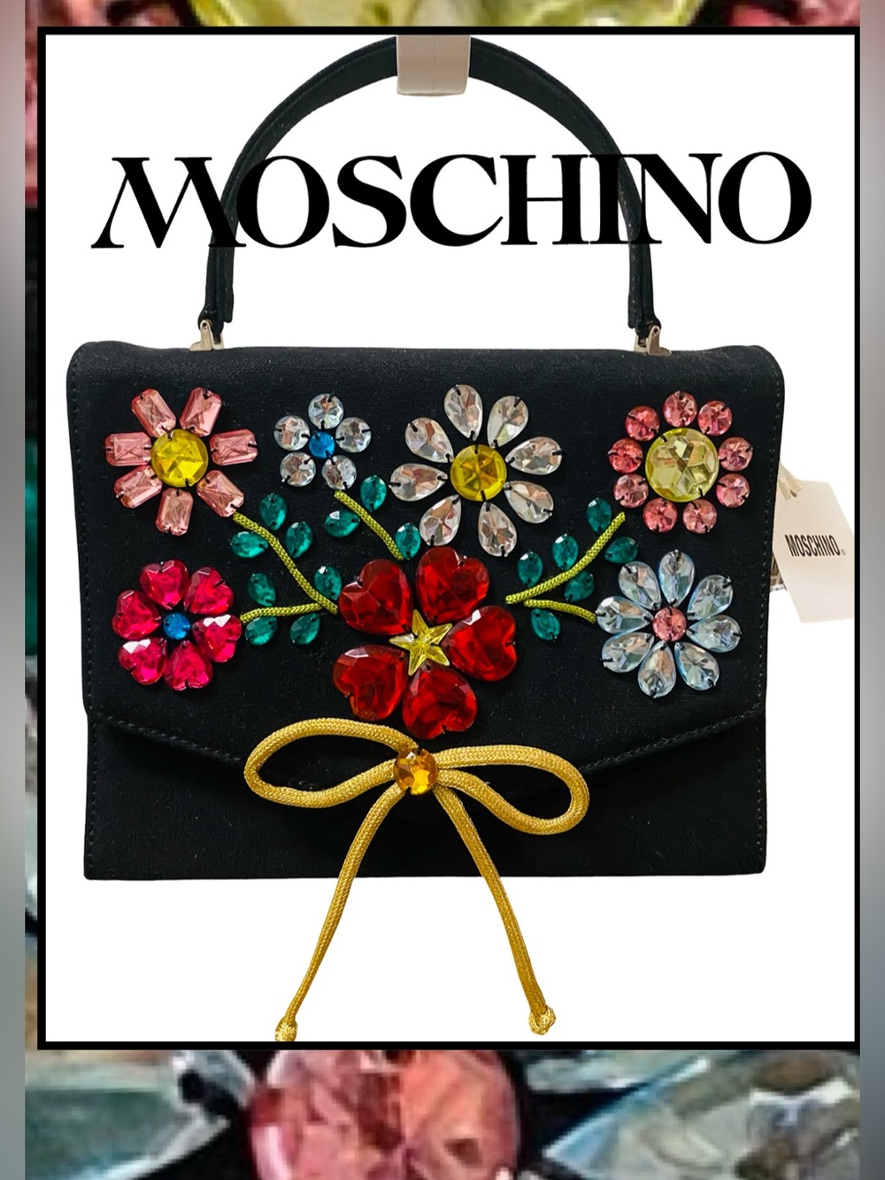 Vtg MOSCHINO Italy Black Peau de Soie Jeweled Flowers Runway Handbag Milan NEW